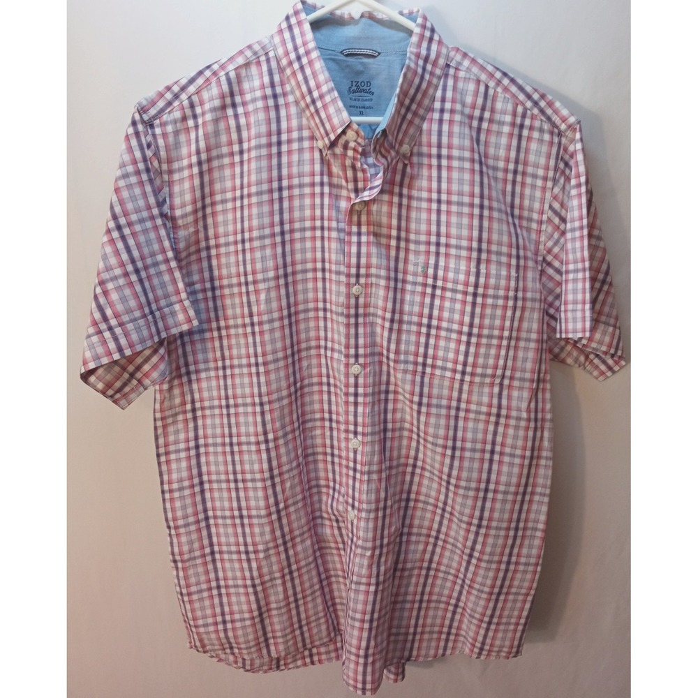 Men's Izod Saltwater Short Sleeve Button Down Shirt, XL, Blue Pink Plaid